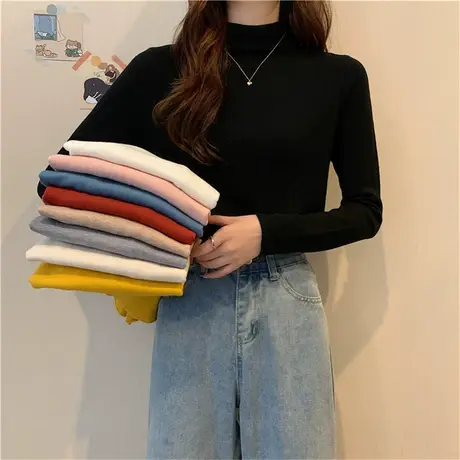半高领莫代尔打底衫女春秋冬季德绒长袖t恤内搭洋气黑色白色加绒图片