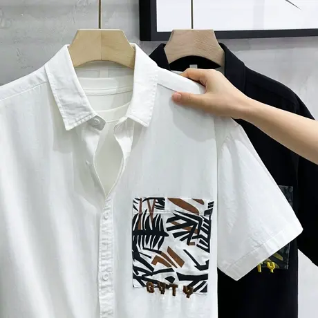 沙滩夏季男士美式潮流印花短袖衬衫日系休闲宽松五分中袖衬衣外套商品大图