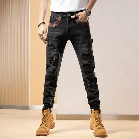 Modi Nick/摩帝尼克男款牛仔裤印花牛仔裤破洞潮流做旧休闲牛仔裤商品大图