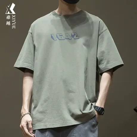 夏季灰绿色短袖t恤男小圆领250g重磅纯棉上衣大码潮牌痞帅体恤衫商品大图