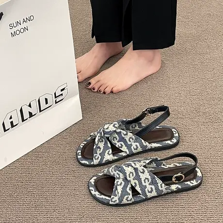罗马平底一字带凉鞋女欧美风2024年新款夏季洋气外穿百搭休闲沙滩商品大图
