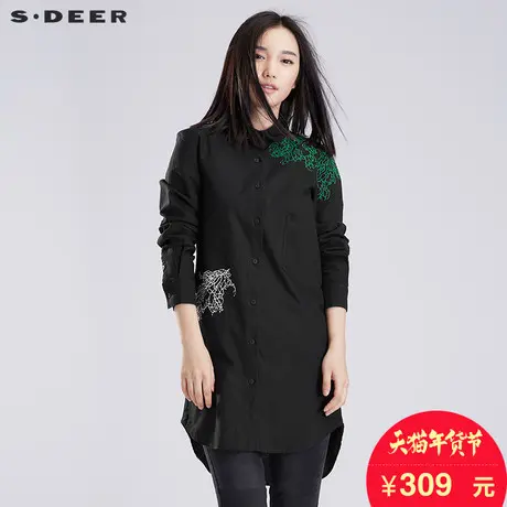 sdeer圣迪奥女装秋装自由灵动线迹绣花长袖圆摆长款衬衫S16380580💽图片