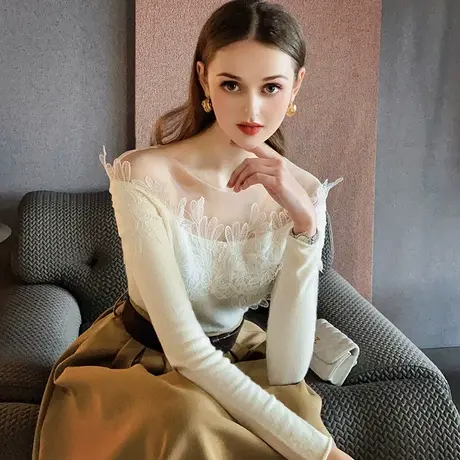 粉红大布娃娃全羊毛打底上衣性感气质拼接蕾丝花瓣女士羊毛衫新款商品大图