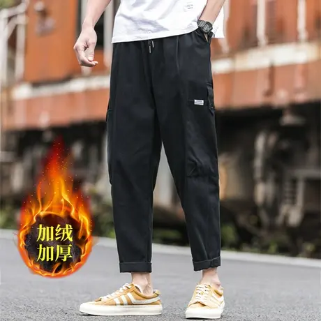 秋冬季港风潮流宽松工装裤男加绒加厚百搭直筒日系潮牌九分休闲裤商品大图