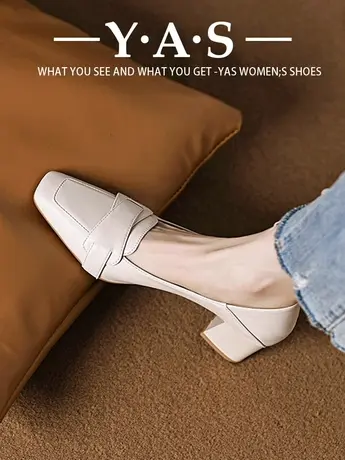 软皮一脚蹬单鞋女法式粗跟米白色乐福鞋春秋浅口方头气质高跟鞋子商品大图