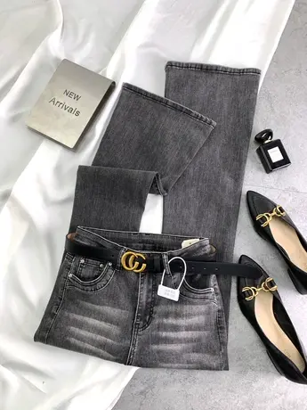 水洗磨白美式复古牛仔喇叭裤2023冬季新款显瘦百搭高腰弹力马蹄裤图片