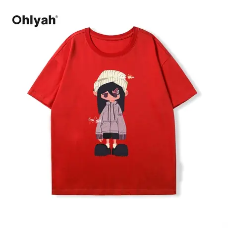 Ohlyah品牌龙年本命年红色女孩印花新年t恤无性别男女宽松短袖潮商品大图