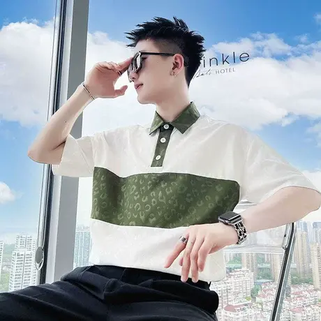 夏季潮流拼接撞色个性翻领短袖t恤polo衫2023新品潮牌穿搭半袖t恤商品大图