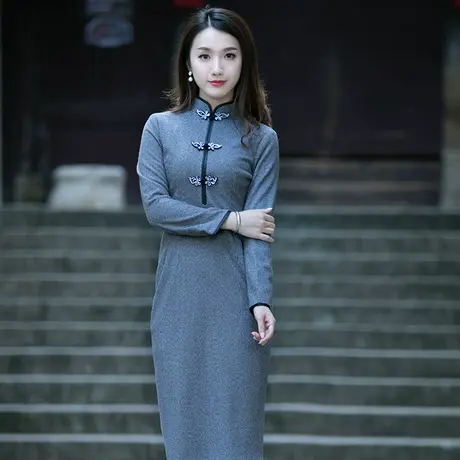 筠雅毛呢旗袍冬款加厚旗袍改良版连衣裙长款修身高贵气质中式女装图片