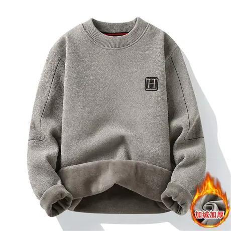 冬季雪尼尔毛衣男士加绒加厚男式圆领保暖上衣一体绒针织打底衫潮商品大图