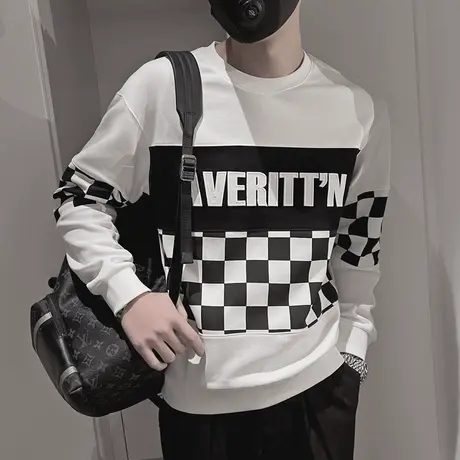 秋季男士卫衣外套上衣男装套头修身拼色学生潮牌长袖潮流圆领体恤商品大图