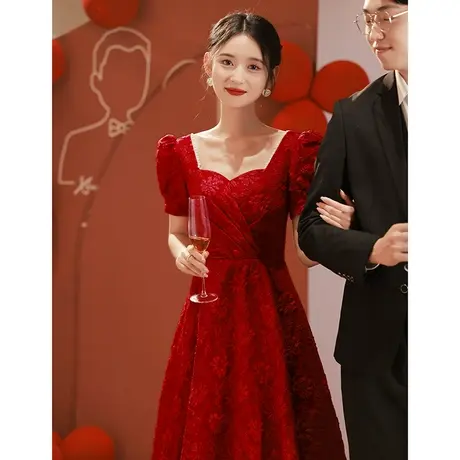 订婚连衣裙红色礼服敬酒服新娘女夏季法式小个子泡泡袖日常中长款商品大图