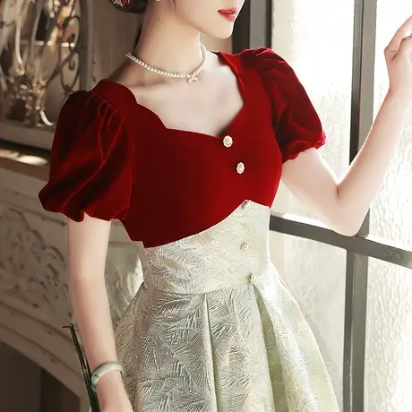 敬酒服新娘2024新款高级感拼接时尚法式订婚礼服女夏季红色连衣裙图片