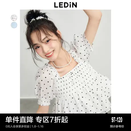 乐町A型收腰方领上衣女夏季法式少女泡泡袖衬衫薄上衣图片