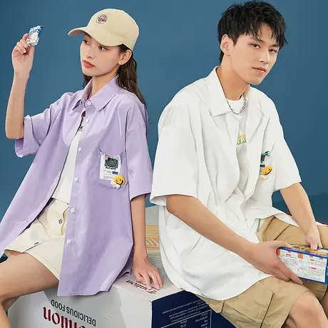 唐狮2022夏季新款情侣衬衫休闲男女短袖衬衫休闲情侣装衬衣宽松商品大图