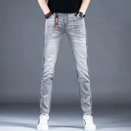 高档弹力浅灰色牛仔裤男款小脚修身2024新款春秋条纹裤子潮流男士商品大图