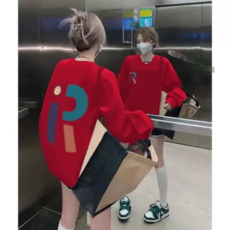 本命年大红色圆领卫衣女2024龙年大码休闲喜庆加绒加厚宽松上衣服商品大图