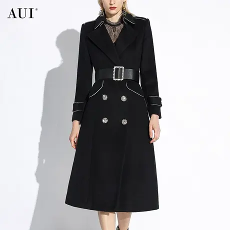 AUI御姐气质黑色中长款毛呢外套2024秋冬新款高级显瘦呢子大衣女图片
