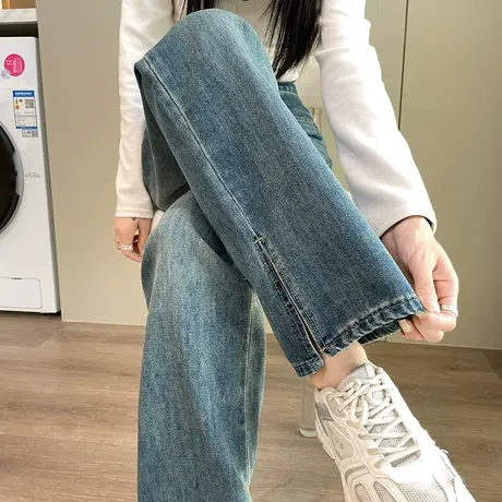 复古开叉直筒牛仔裤女2024春季新款爆款显瘦高腰宽松窄版阔腿裤子商品大图