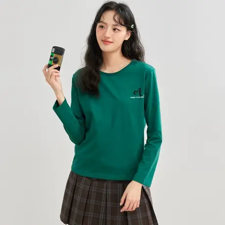 真维斯Z+女装 多色圆领长袖T恤显瘦百搭纯棉简约印花上衣X图片
