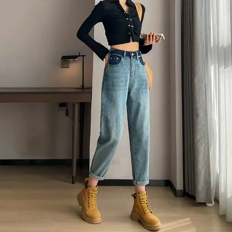 哈伦牛仔裤女2024年春秋季新款高腰宽松显瘦直筒小个子萝卜老爹裤商品大图