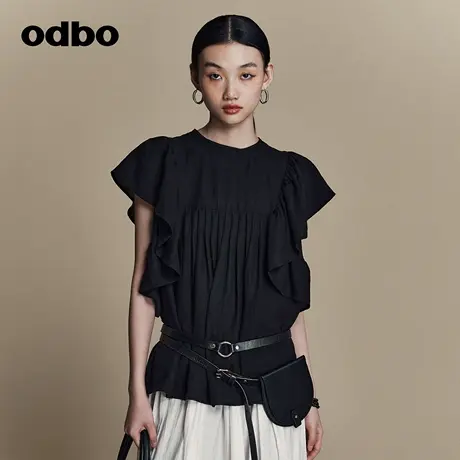 odbo/欧迪比欧原创设计感小众荷叶边短袖黑色T恤女夏季2023年新款商品大图