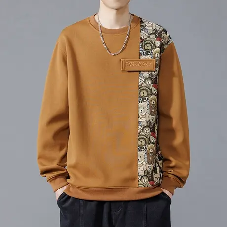 男士圆领卫衣春秋款宽松潮牌百搭男生薄款拼接秋季长袖t恤上衣服商品大图