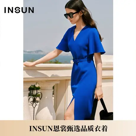 INSUN恩裳夏季乱麻四面弹X型喇叭袖连衣裙图片