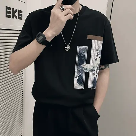 夏季短袖T恤男ins国风刺绣贴布设计感潮牌打底上衣圆领体恤半截袖商品大图