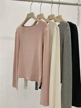 韩版洋气木耳边长袖t恤女春季2024年新款修身显瘦圆领打底衫上衣商品大图