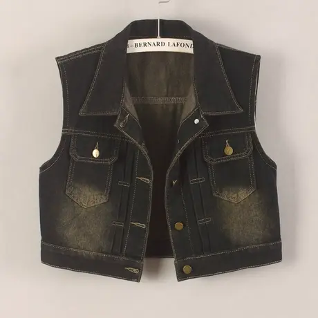 牛仔马甲背心女超短款复古压褶休闲春秋2024新款无袖外套怀旧外搭图片