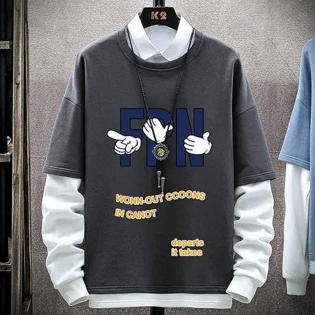 假两件男士卫衣圆领春秋款潮牌拼接叠穿长袖t恤男秋衣打底衫衣服商品大图