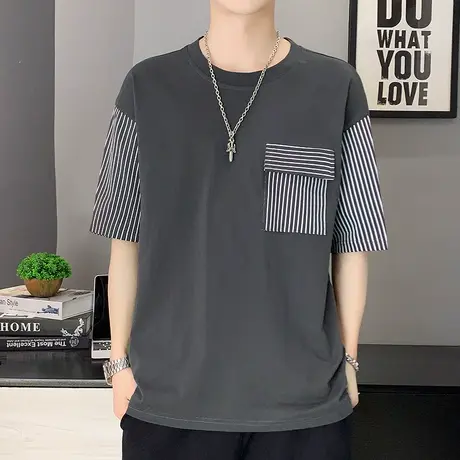 五分袖t恤男士个性口袋条纹短袖上衣夏季宽松圆领体恤时尚半截袖商品大图