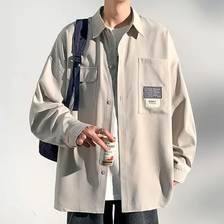 港风长袖衬衫男夏季潮牌宽松痞帅衬衣男生春秋款休闲工装寸衫外套图片