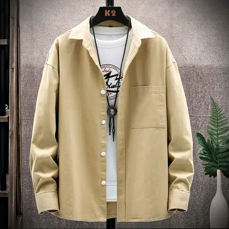 工装衬衫男长袖春秋季新款潮牌卡其色翻领上衣外套男宽松早秋衬衣图片