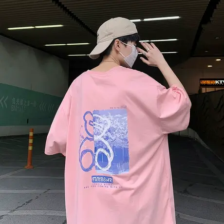 夏季短袖T恤男ins潮牌纯棉卡通小熊上衣港风潮流休闲情侣半袖体恤商品大图