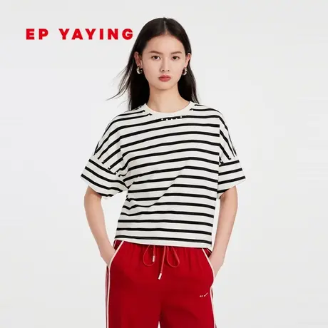 EP雅莹女装 简约休闲条纹宽松短袖T恤 2023新款5341A商品大图