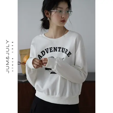 嘉茱莉2023秋季新款印花套头卫衣女短款圆领慵懒风卫衣宽松外套商品大图