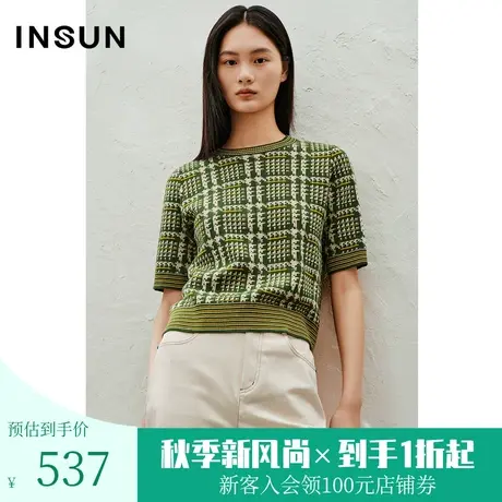 恩裳2023春款新款复古千鸟格提花羊毛上衣简约针织衫短袖图片