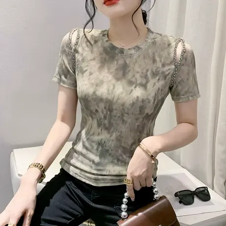 扎染印花短袖T恤女士夏季性感网纱露肩小衫设计感别致钉珠上衣潮商品大图