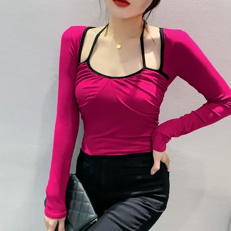 性感网红短款T恤女长袖欧货设计感小众镂空上衣内搭紧身打底衫秋商品大图