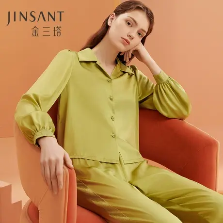 金三塔丝氨酸舒适100%桑蚕丝素色灯笼袖两件套睡衣家居服秋冬新品图片