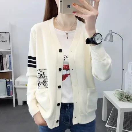 2023新款春秋v领小熊针织开衫女外穿宽松小个子洋气百搭外套上衣图片