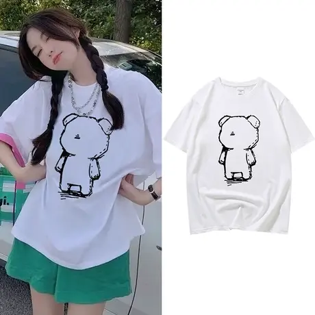 手绘素描小熊白色t恤女夏季新款韩版宽松简约百搭纯棉圆领正肩T恤商品大图