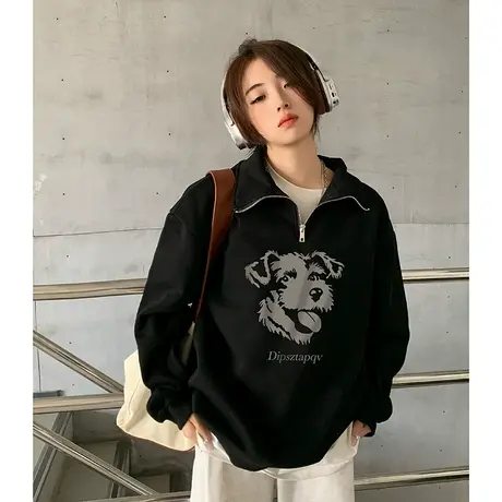 美式半拉链卫衣女春秋季薄款外套2023秋装新款慵懒宽松长袖上衣潮商品大图