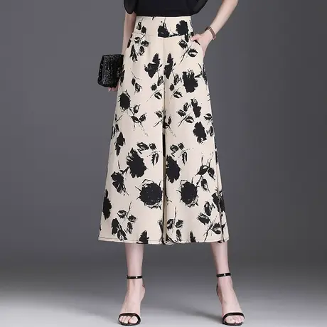 时尚印花裙裤八分裤女夏季2023新款高腰宽松阔腿裤大码休闲裤裙薄商品大图