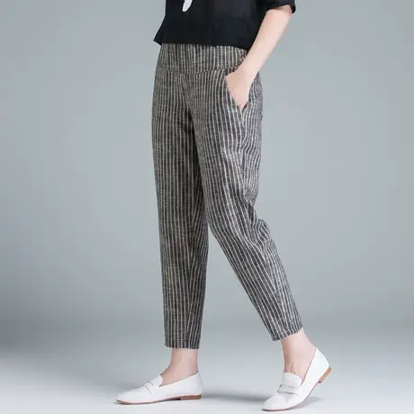 竖条纹棉麻裤子女宽松夏季薄款九分裤休闲裤哈伦裤亚麻女裤萝卜裤商品大图