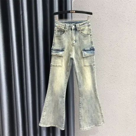 2023秋季新款复古怀旧个性口袋牛仔裤女潮修身显瘦弹力微喇裤长裤图片