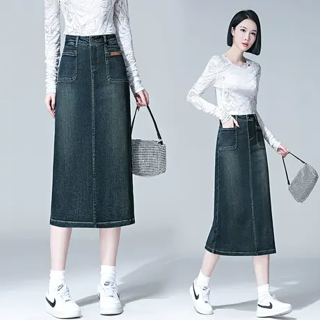 高端牛仔半身裙女2023秋季新款时尚复古a字裙设计感开叉中长裙子图片