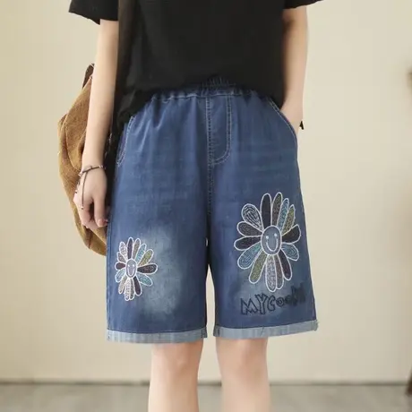 牛仔四分裤女春夏季刺绣2023年新款宽松高腰阔腿直筒复古休闲短裤图片